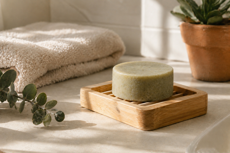 Beneficios de la cosmética capilar casera: cuida tu pelo y el medio ambiente desde casa Champú sólido natural sobre una jabonera de madera como alternativa de residuo cero para el cuidado del cabello sostenible
